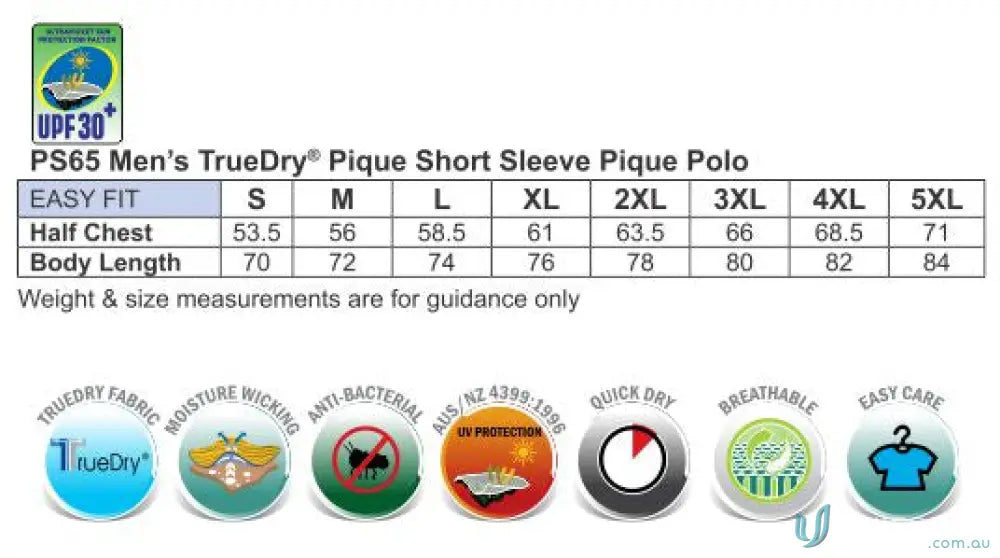 Size chart and features of Heart Foundation Men’s Truedry Pique Short Sleeve Polo shirt