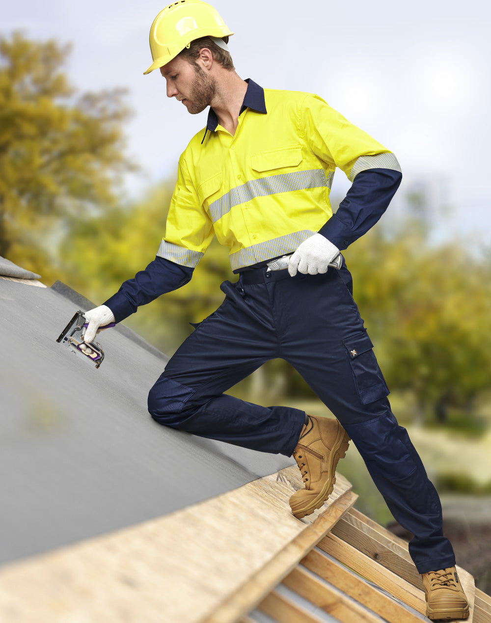 Sw83 hi-vis work shirt in yellow/navy with Cool-Breeze segmented tape