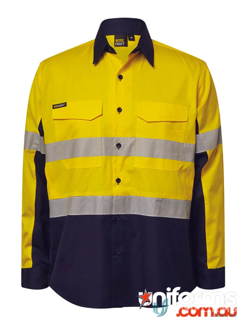 WorkCraft WS6068 Hi Vis Ripstop Shirt Tape L/S in Navy/Orange front product image