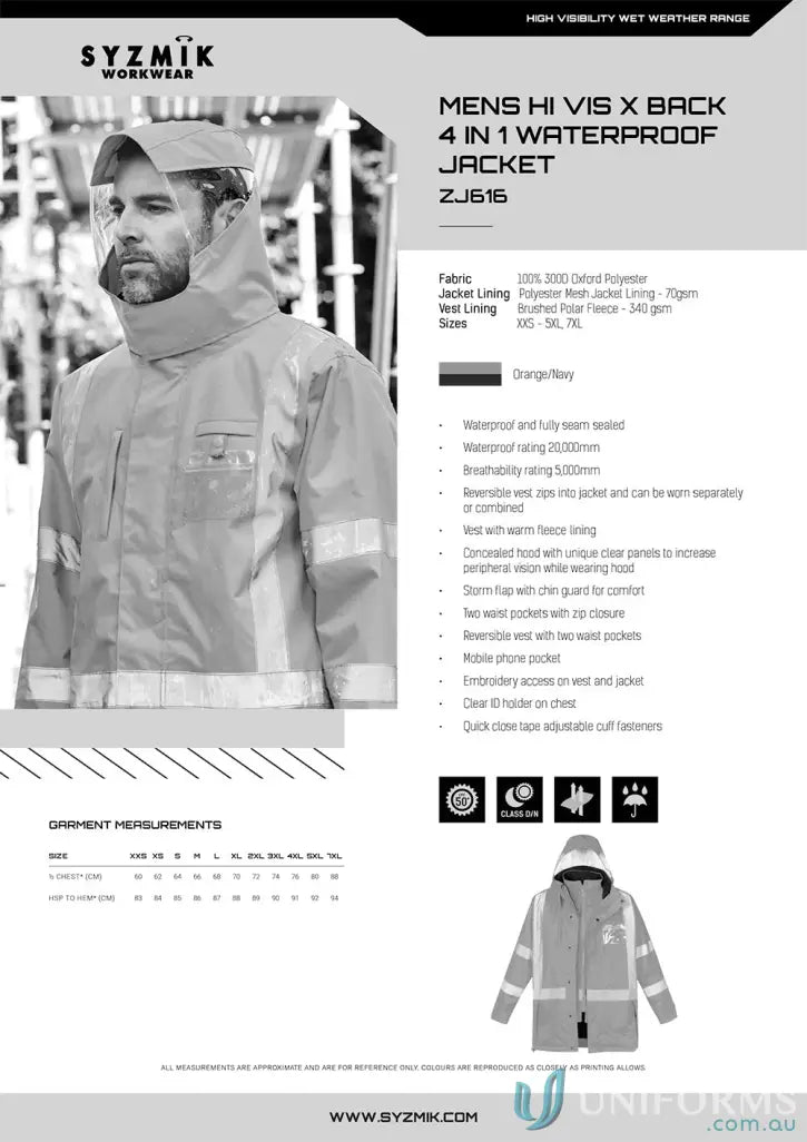 Men’s high visibility jacket with waterproof shell and fleece-lined vest for outdoor safety