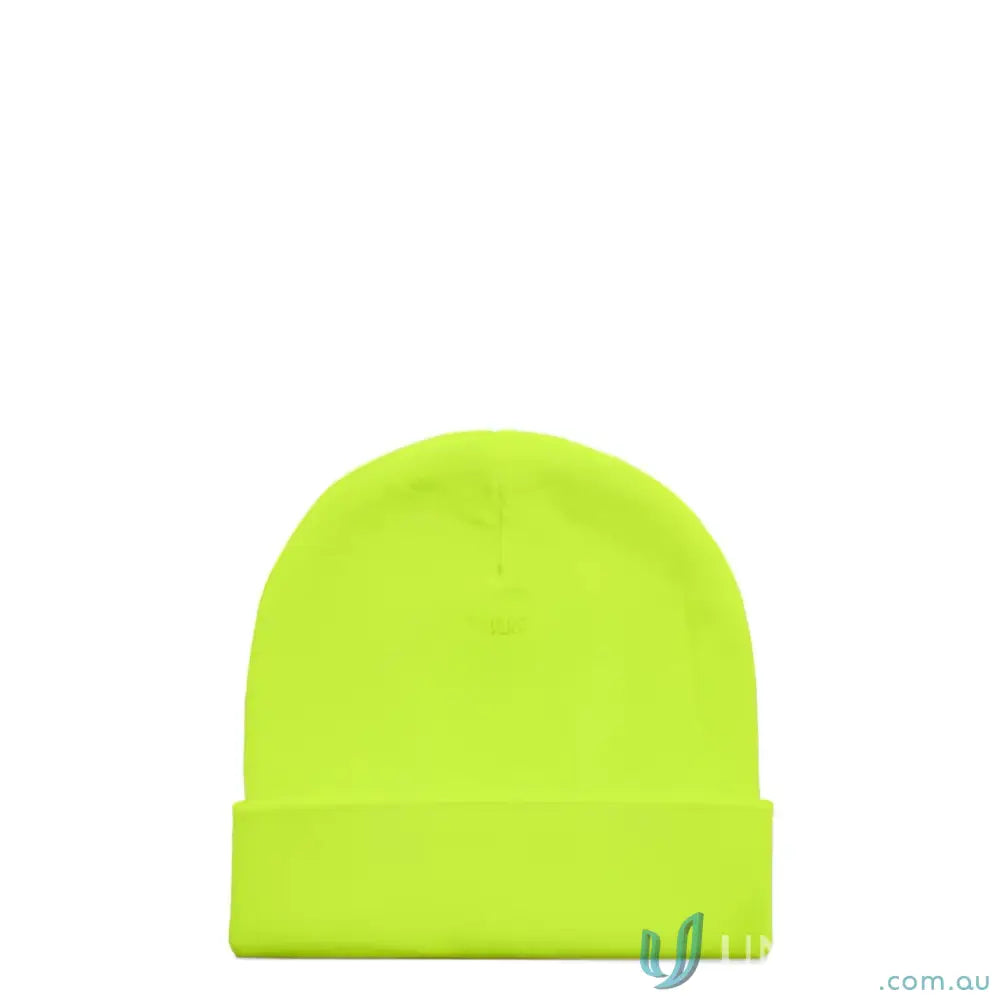 Bright neon yellow high visibility knit beanie with relaxed fit and tight knit design