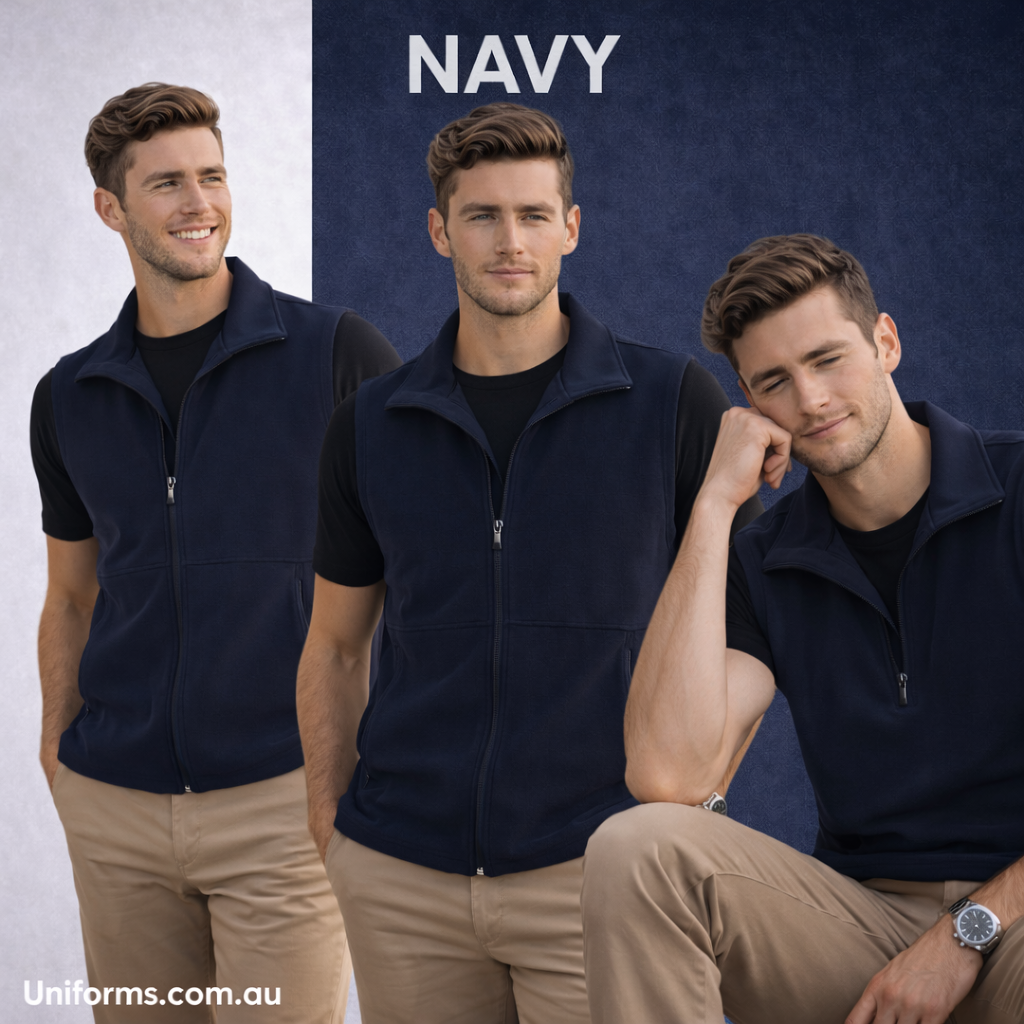 Navy blue zip-front jk25 mens softshell hi-tech vest back view