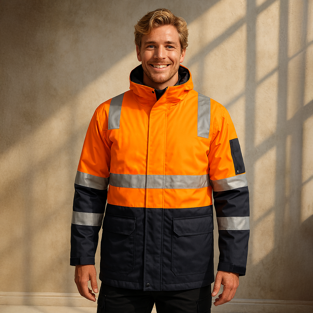 HiVis 6-in-1 reflective workwear jacket in orange with navy and reflective tape