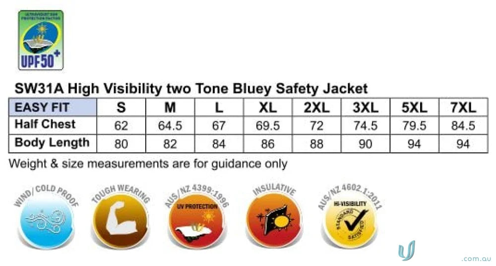 Safety jacket size chart and features for HiVis Bluey Jacket Spirit SW31A in hi-vis two tone style