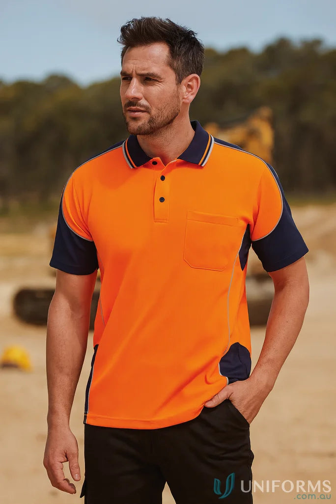 Mens orange and navy blue polo shirt with chest pocket, perfect for workwear uniforms