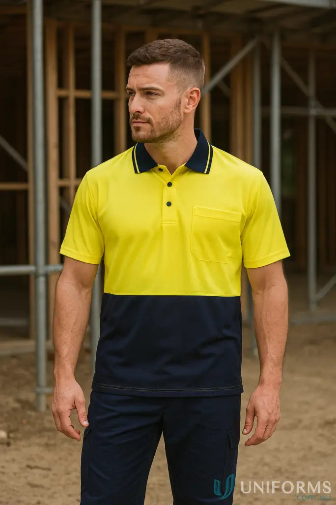 Men’s HiVis Cotton Back Polo shirt in yellow and navy blue with pocket for uniforms or workwear