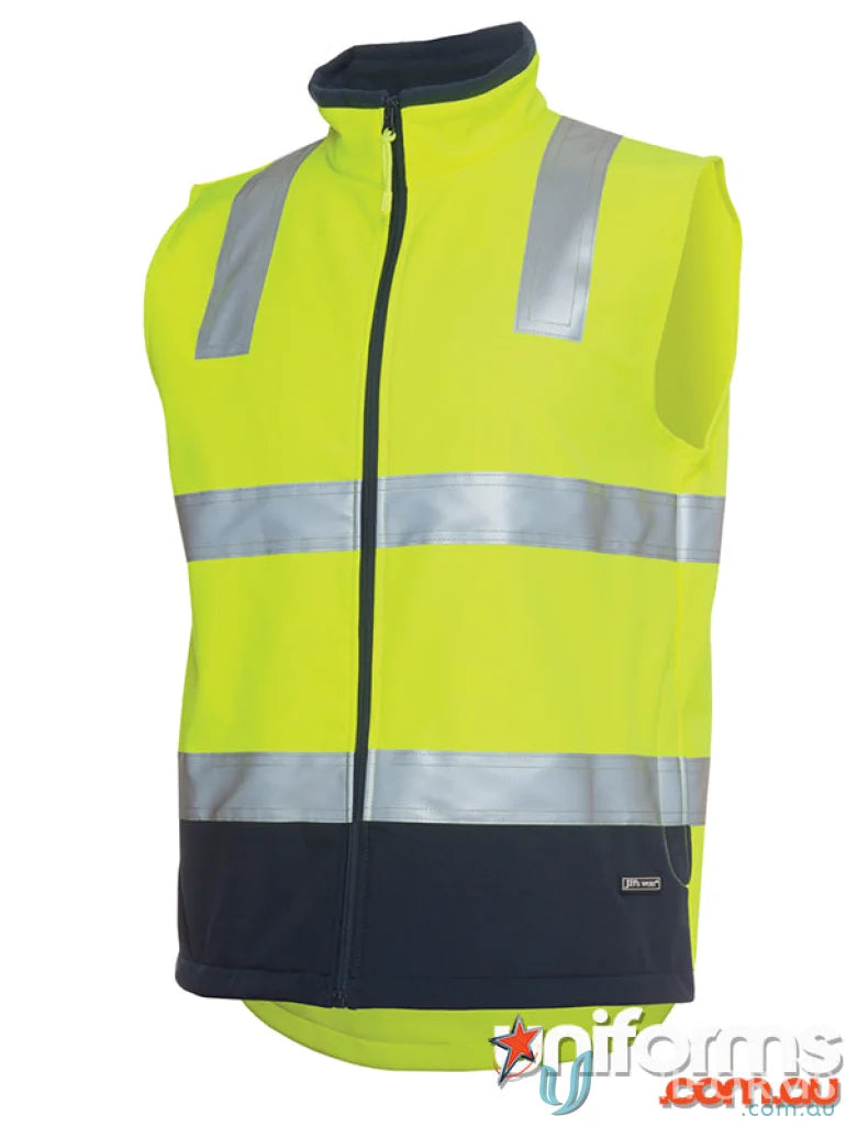 Bright yellow and navy HiVis layer softshell vest with reflective stripes and full zip