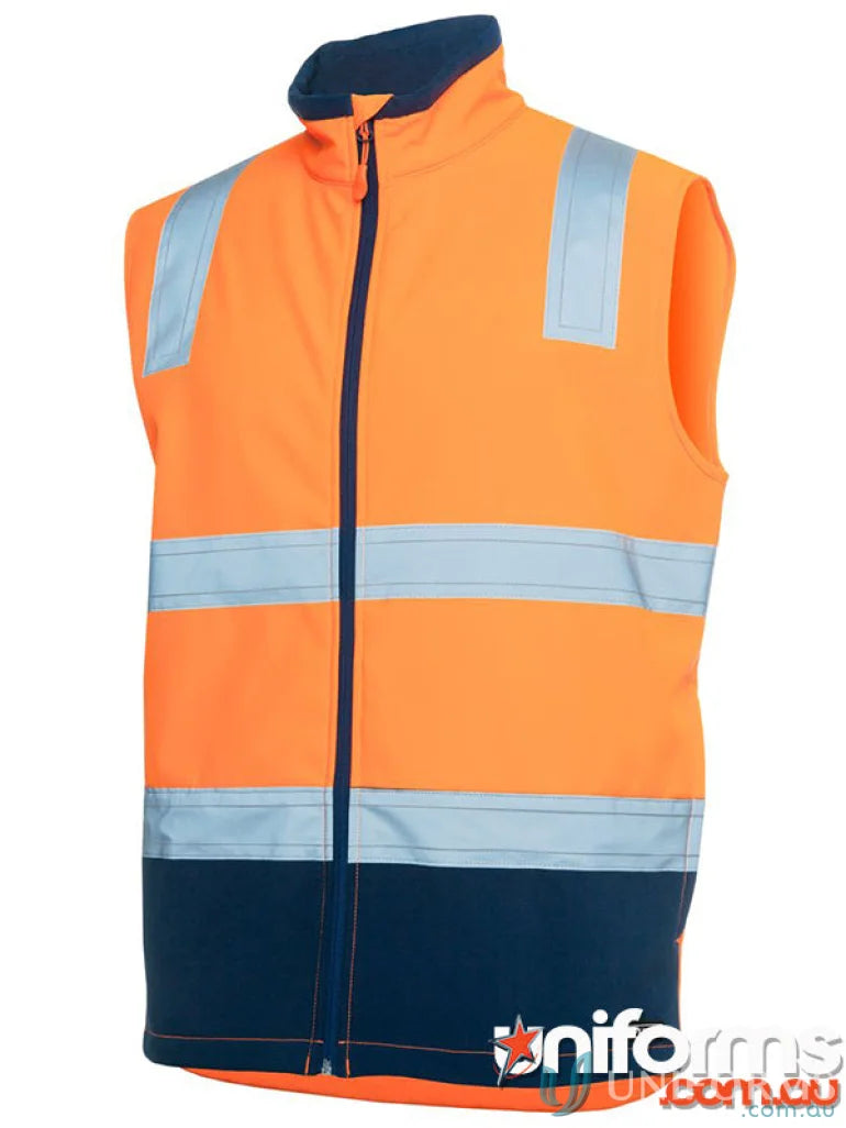 Orange and navy HiVis D+N Water Resist Softshell Vest with reflective stripes and polyester mechanical stretch