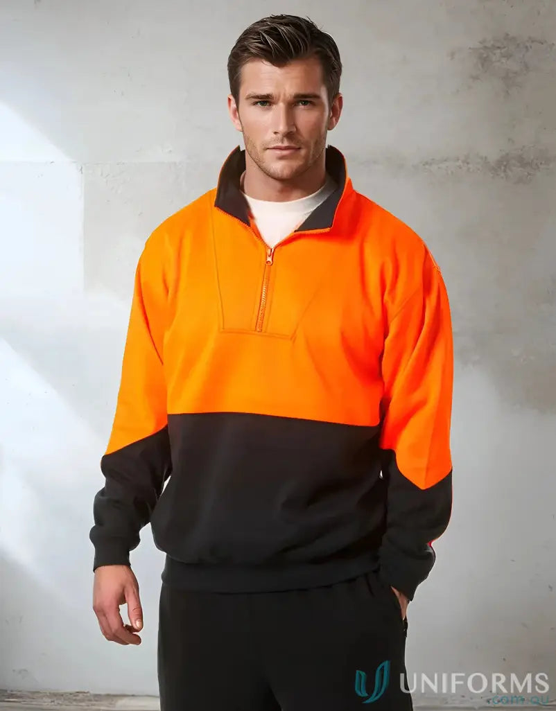 Two-tone orange and black AIW HiVis Fleecy Sweat Jumper showcasing long sleeve fleece sweat with winning spirit