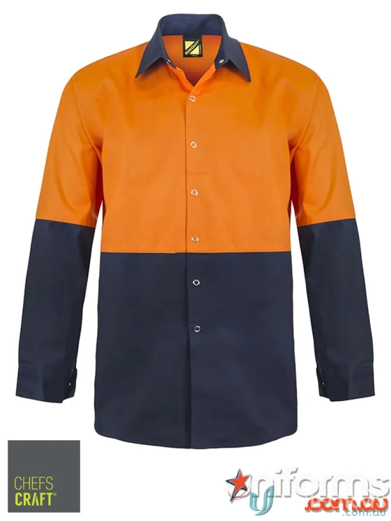 HiVis Lightweight Drill Food Industry Shirt with orange top and dark blue bottom sleeves