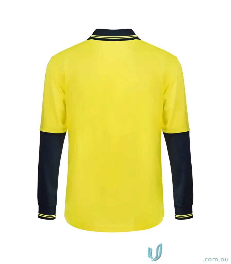 Yellow and navy blue long-sleeve hi-vis polo shirt for logistics teams with maximum visibility