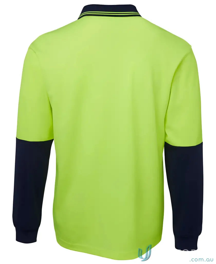 HiVis LS Cotton Back Polo in lime green with navy sleeves and striped collar for workwear