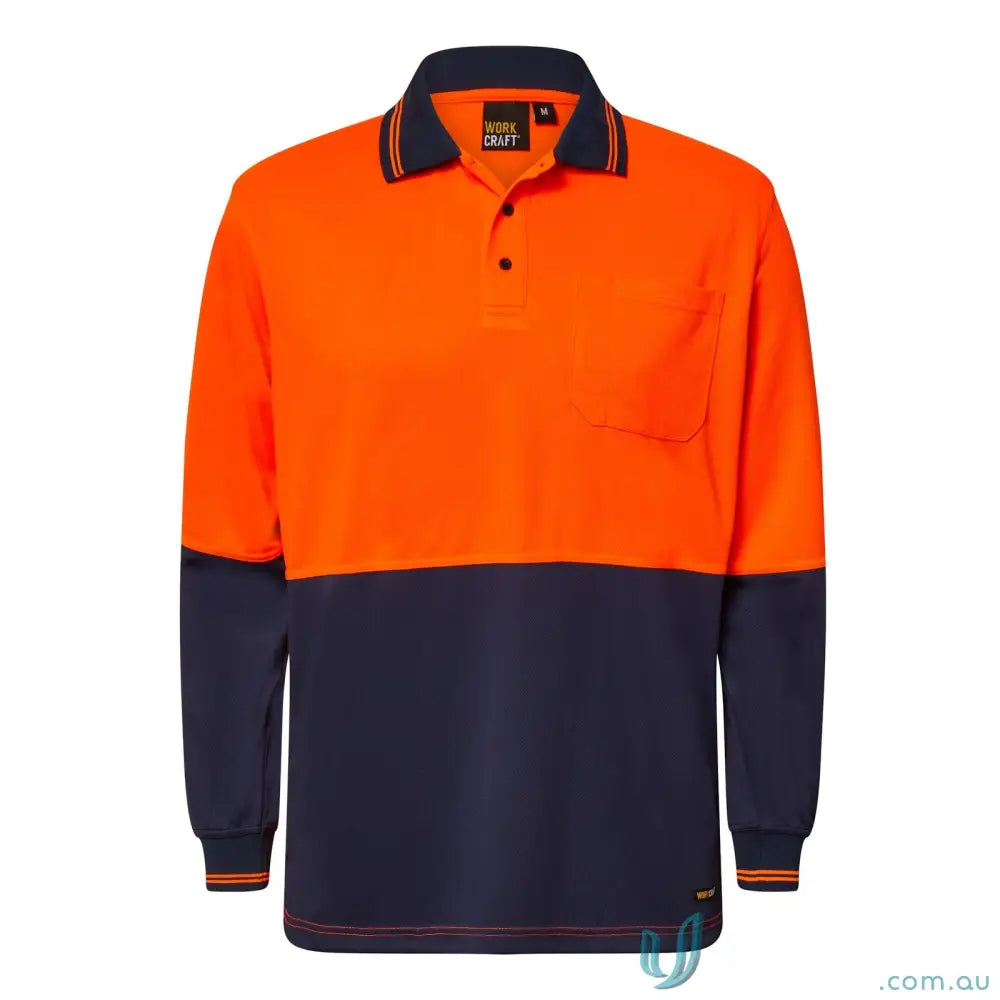 Orange and navy blue HiVis LS Pocket Polo with dark collar and chest pocket