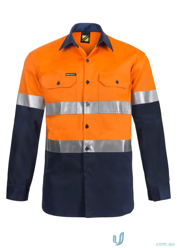 Orange and navy blue work shirt with reflective stripes and 3M tape for safety