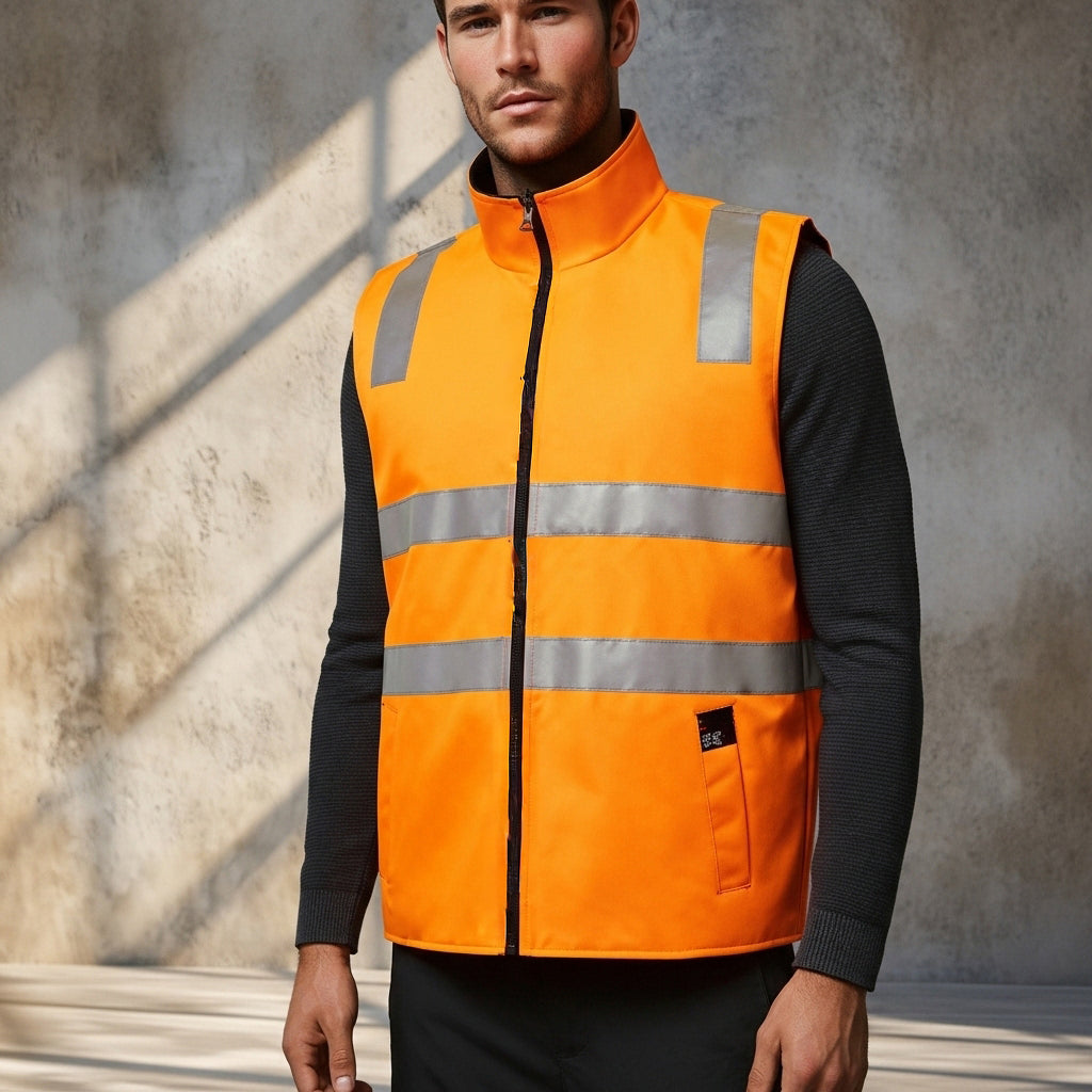 HiVis reversible vest with bright orange fabric, reflective tape