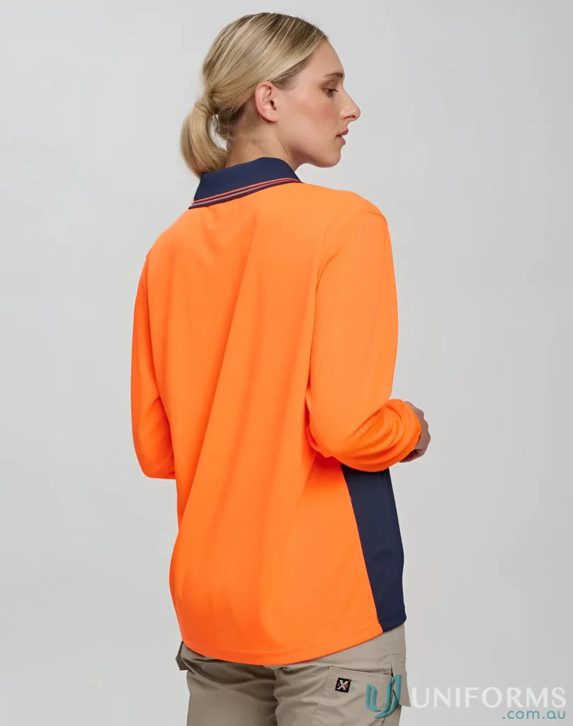 Woman wearing sw05cd high visibility HiVis Safety long sleeve polo shirt