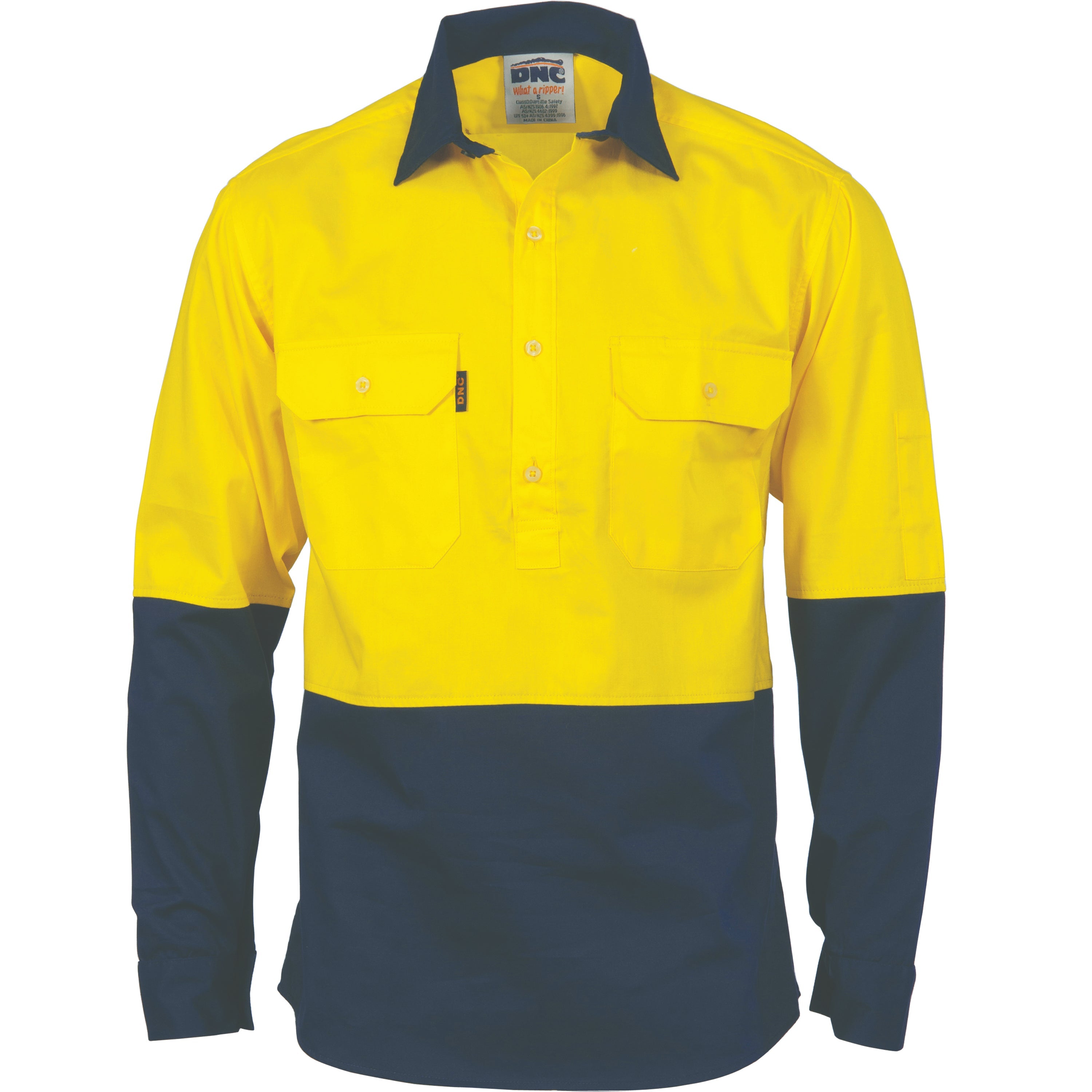 HiVis two tone cotton drill shirt with metal buttons, DNC long sleeve workwear