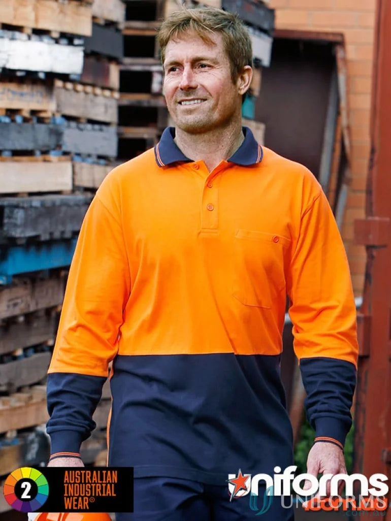 Man in HiViz Cotton Jersey LS Polo with sw36 cotton jersey, two tone long sleeve style