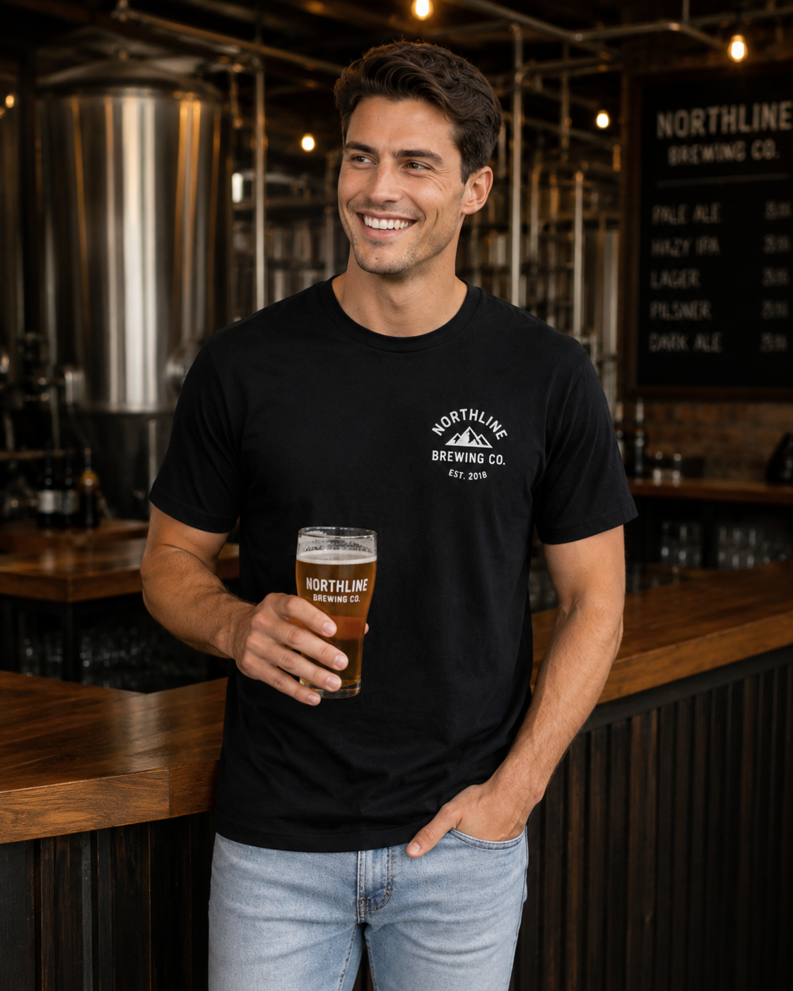 A smiling man in a brewery setting wearing a black t-shirt with a white printed logo that reads 'Northline Brewing Co. Est.