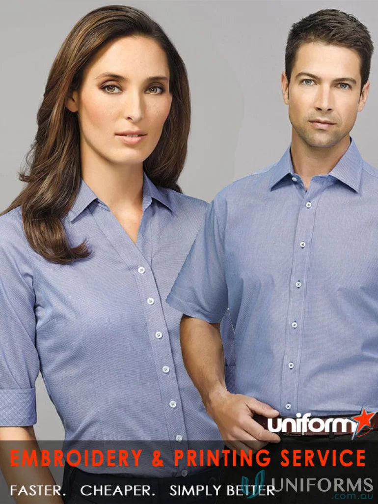 Matching blue Hudson Cotton short sleeve shirts in relaxed fit for casual style