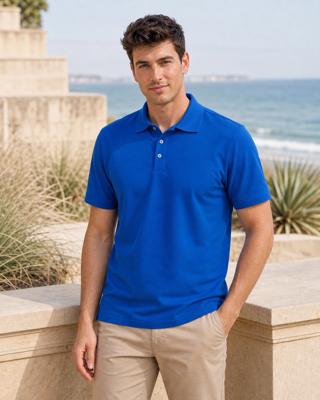 Australian male model wearing royal blue Hunter Adult Polo