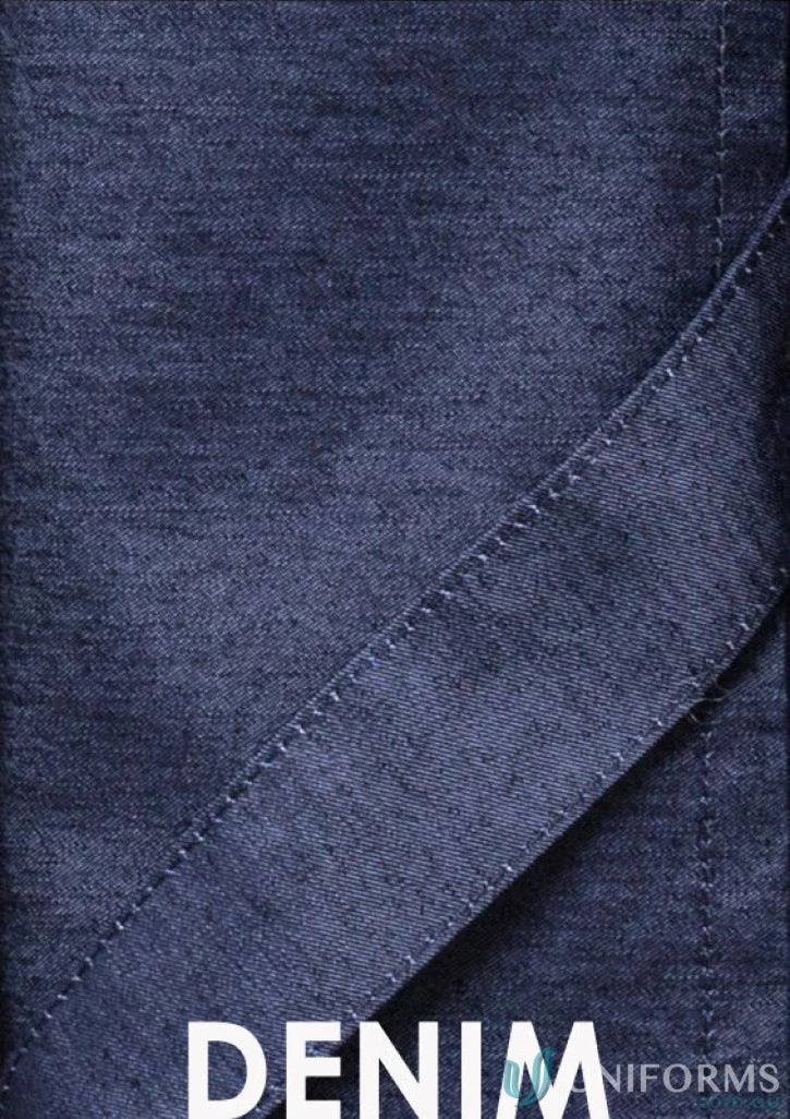 Blue denim fabric on INFINITY Half Waist Apron with work uniforms and antique brass fittings