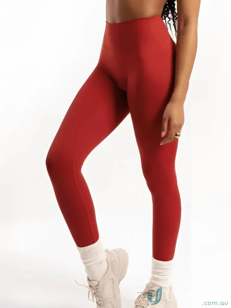 Red high waisted stretchy invincible scrunch cherry leggings perfect for comfortable workwear and uniforms