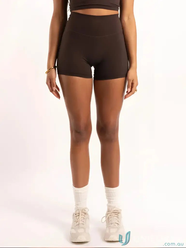 Brown invicible scrunch chocolate shorts with seamless stretchy fabric perfect for comfy workwear uniforms