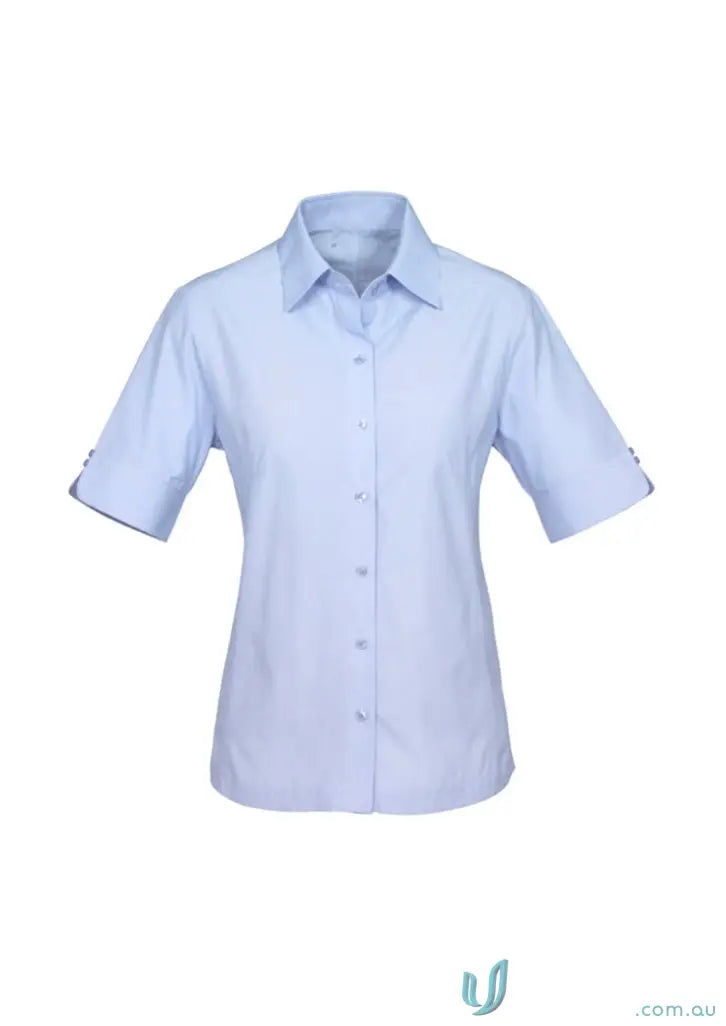 Light blue IOP Ladies SS Shirt with cuffed sleeves, perfect for workwear or uniforms