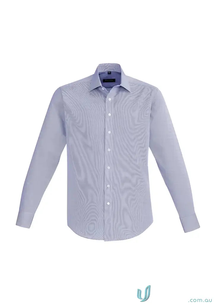 Men’s light blue and white striped cotton long-sleeve dress shirt for workwear or uniforms