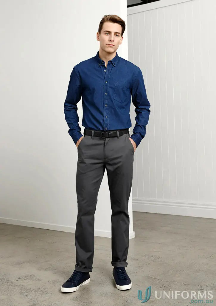 Man in blue shirt and gray IOP Stretch Chino Pants from Biz Collection Lawson bs724m