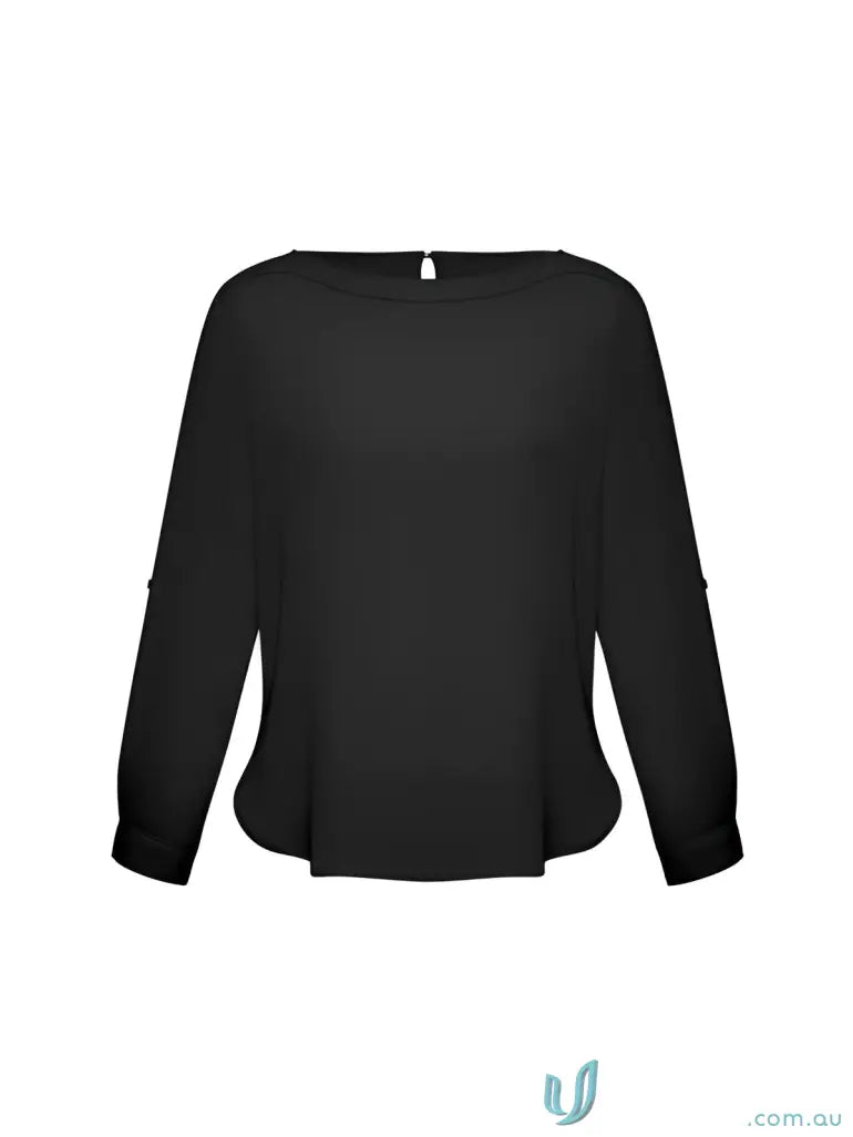 Black IWG Ladies LS Blouse with roll-tab sleeves and a finely stitched boatneck