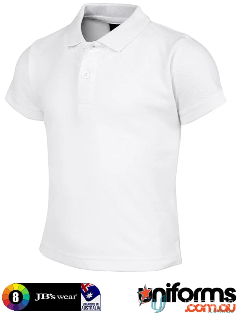 Plain white JB Infant 210 Polo shirt with two-button placket and herringbone tape for uniforms