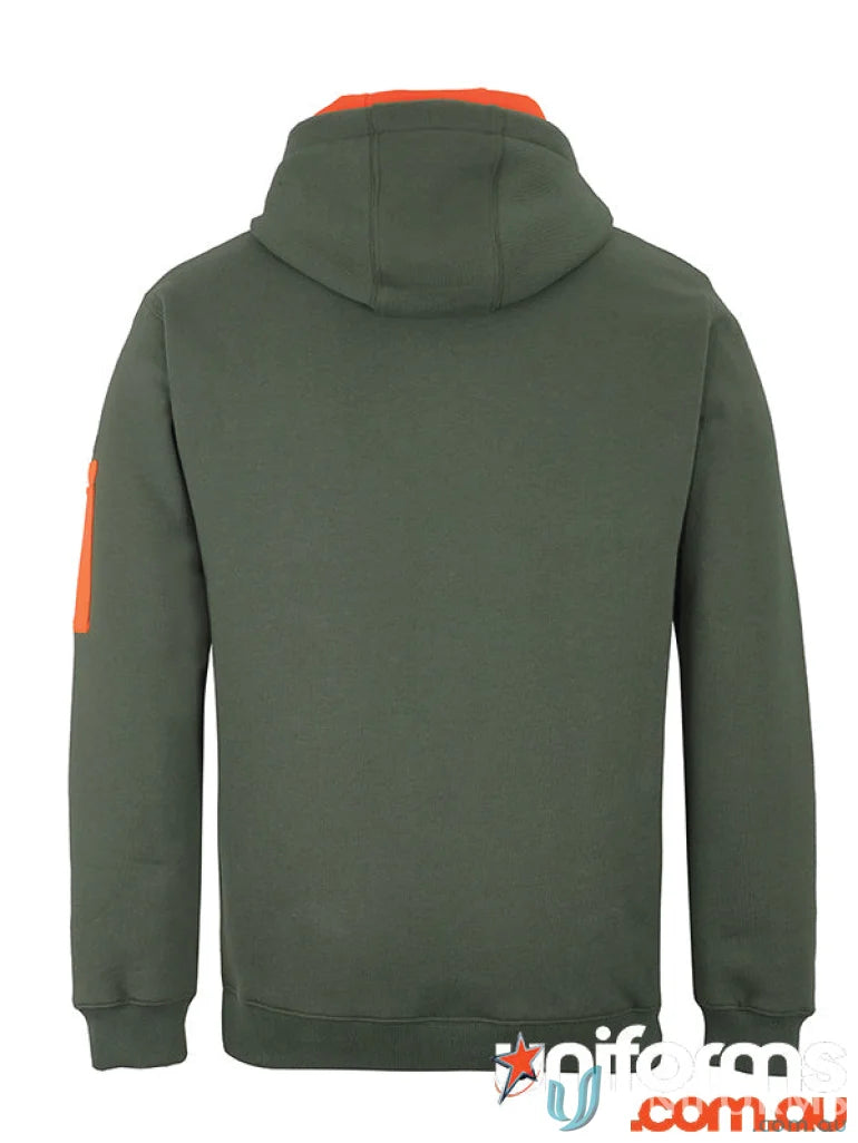 Olive green JB’S 350GSM Trade Hoodie with perfect fit and orange accents