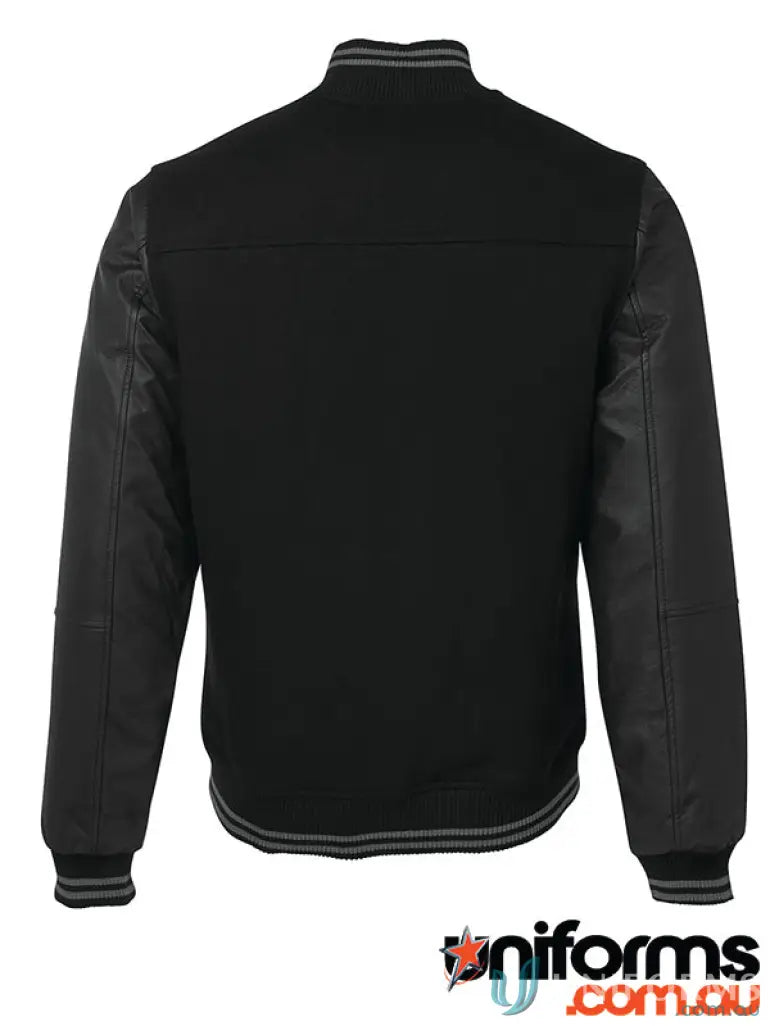 Black leather baseball jacket from JB’s Adults Art collection featuring stylish varsity look