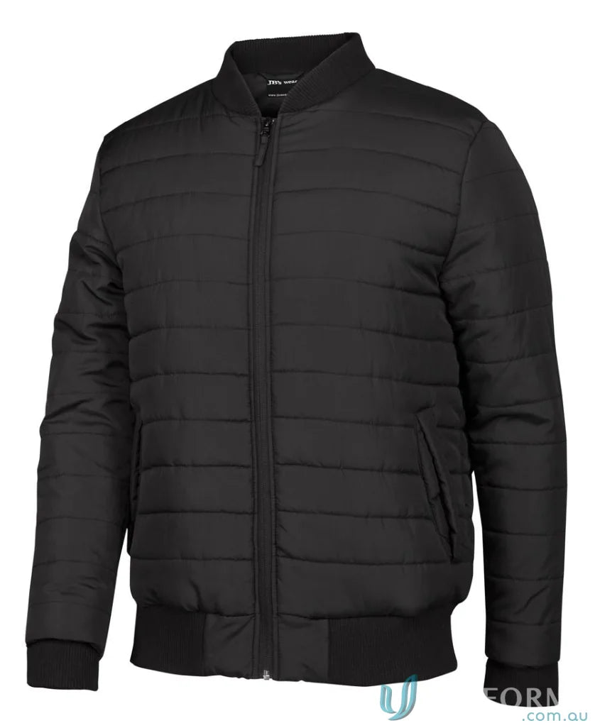 Black quilted bomber jacket with hand pockets water-shedding polyester pongee shell for adults