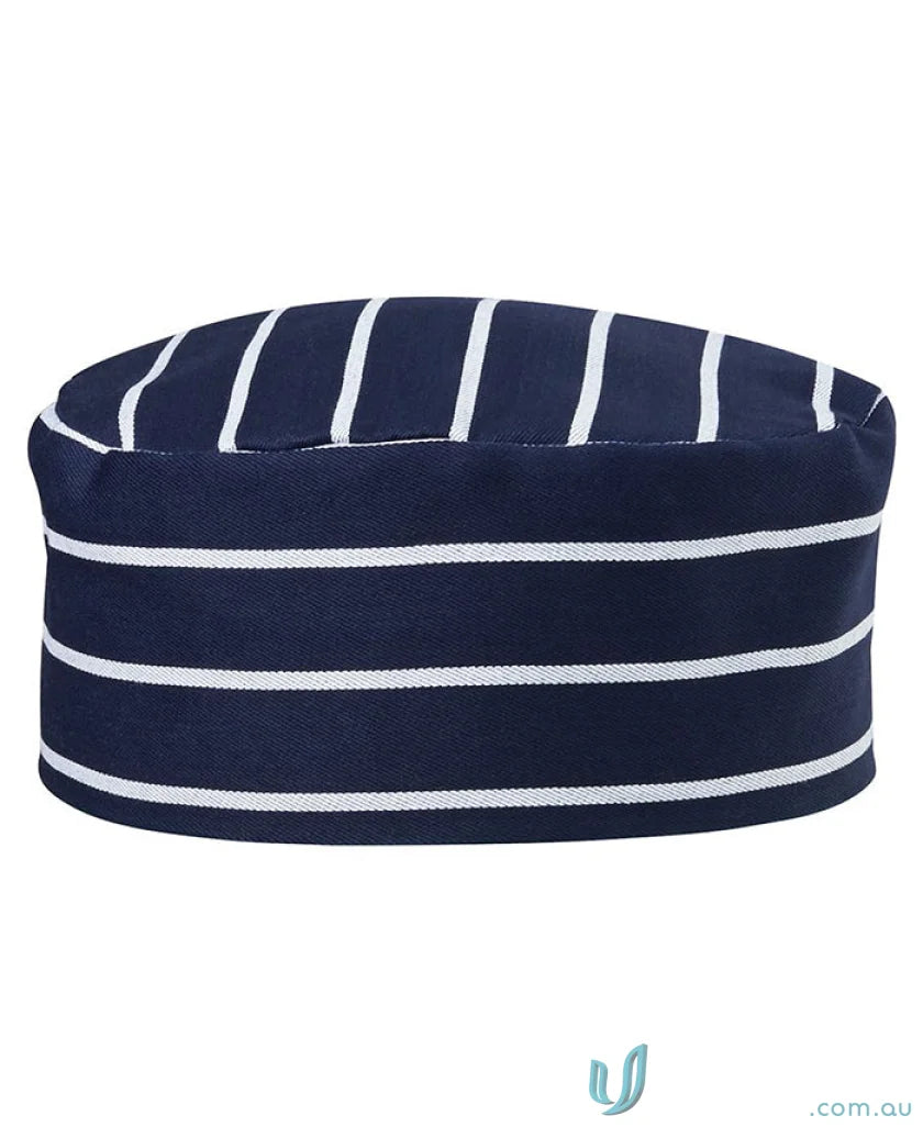 Navy and white striped chefs hat from JBs Chefs Cap, perfect workwear for chefs