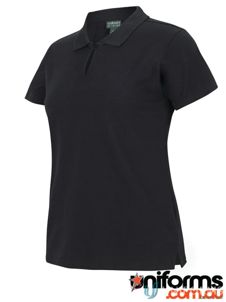 Black cotton ladies stretch polo with classic 1-button placket for a comfy look