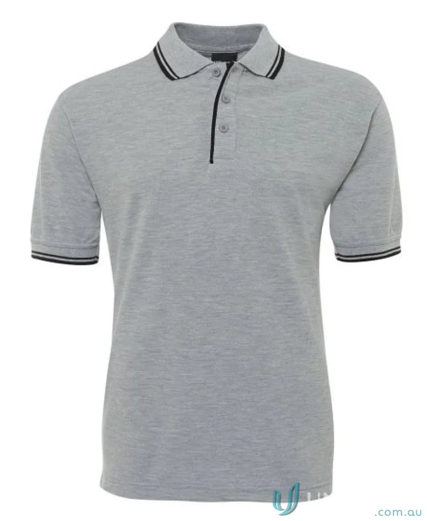 Gray JBs Contrast Polo with black trim in pique knit fabric, perfect for sun protection