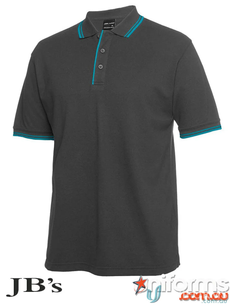Gray JBs Contrast Polo with teal trim made from pique knit fabric for sun protection