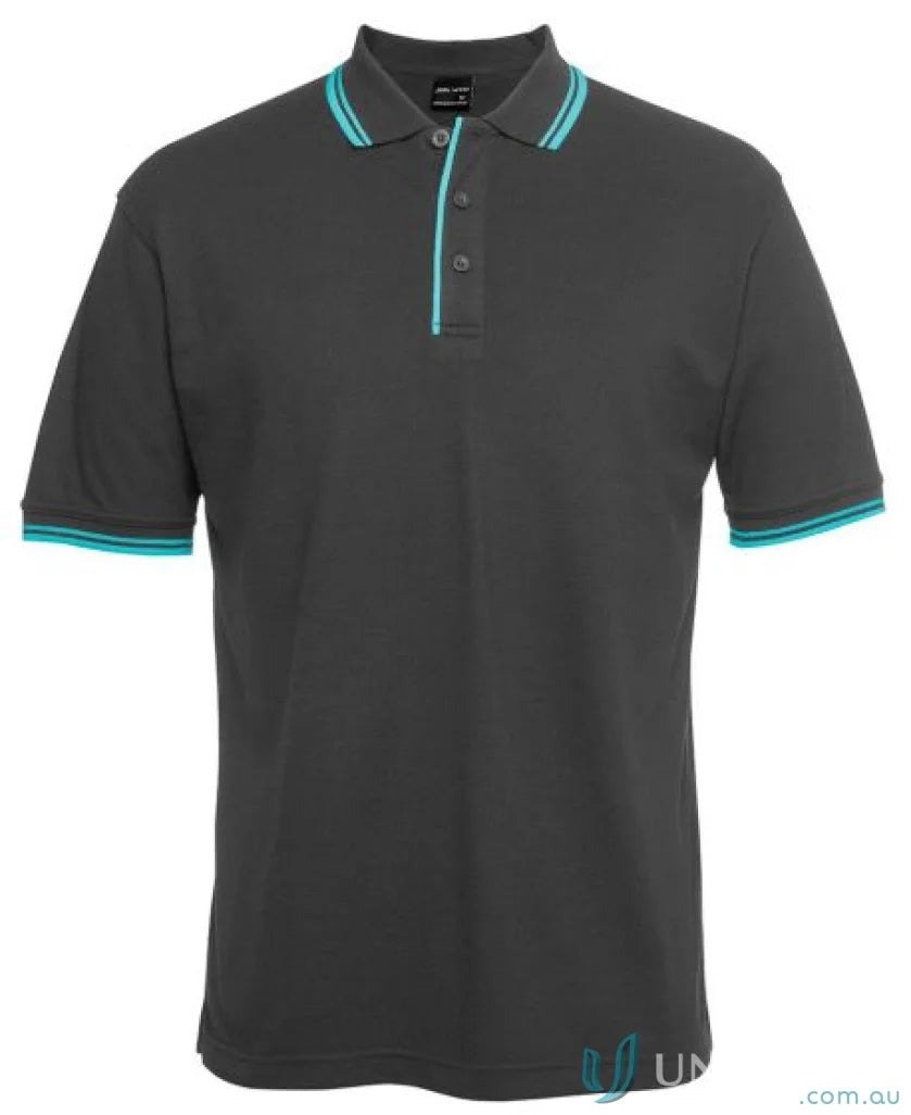 Gray JBs Contrast Polo with teal trim made of pique knit fabric for sun protection