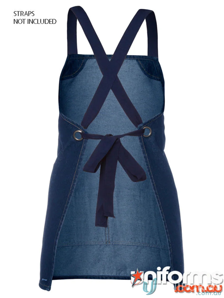 Stylish dark blue denim apron with crisscross back straps for work or casual wear