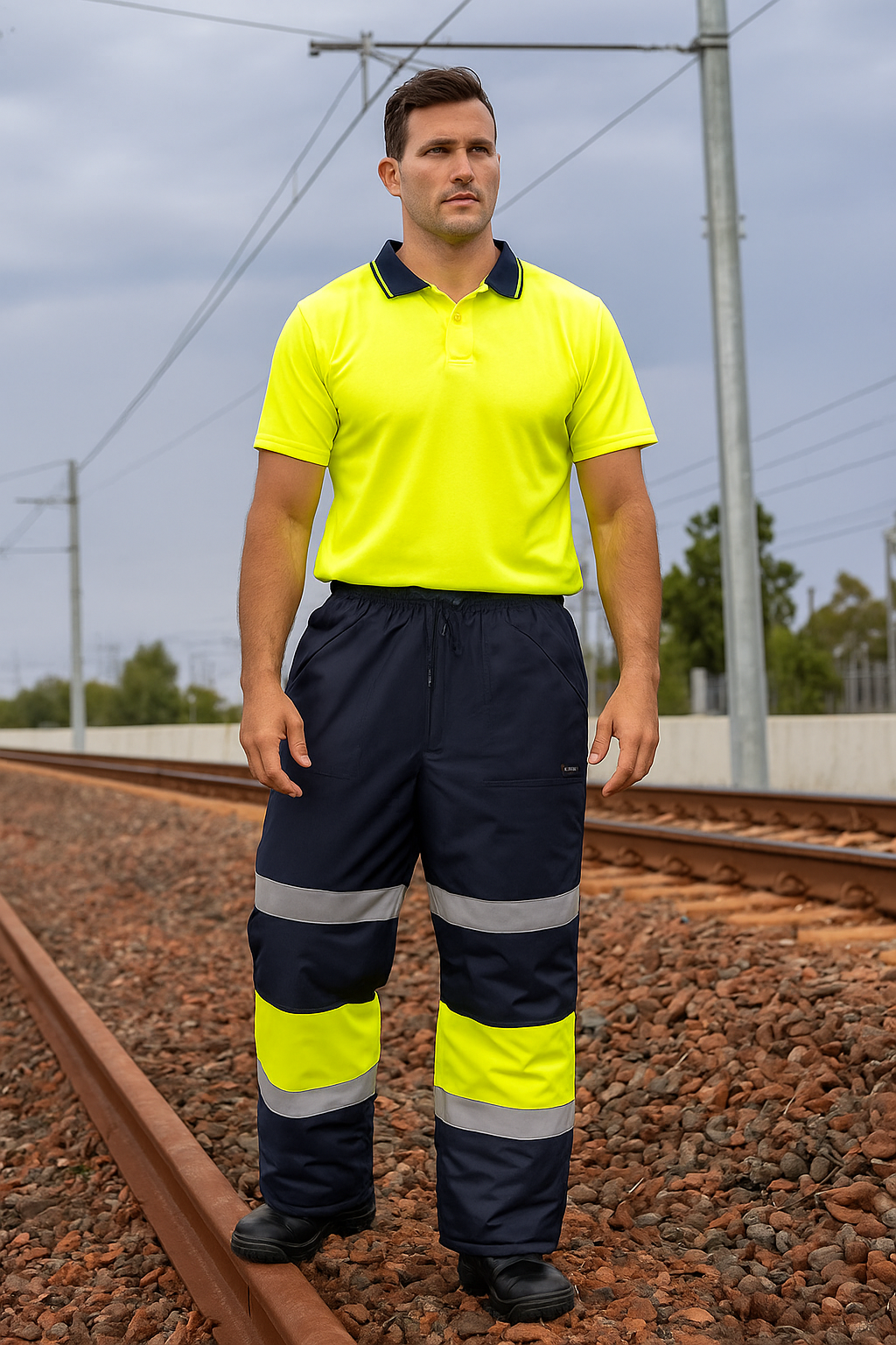 Bright yellow JBs Freezer Pants With Tape workwear polo with pile tape