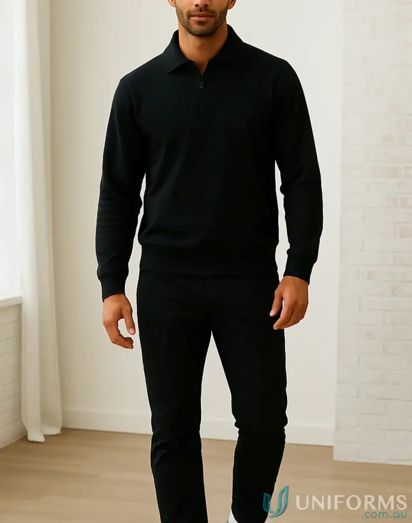 Mens black long-sleeved zip fleecy sweater from JBs Half Zip collection