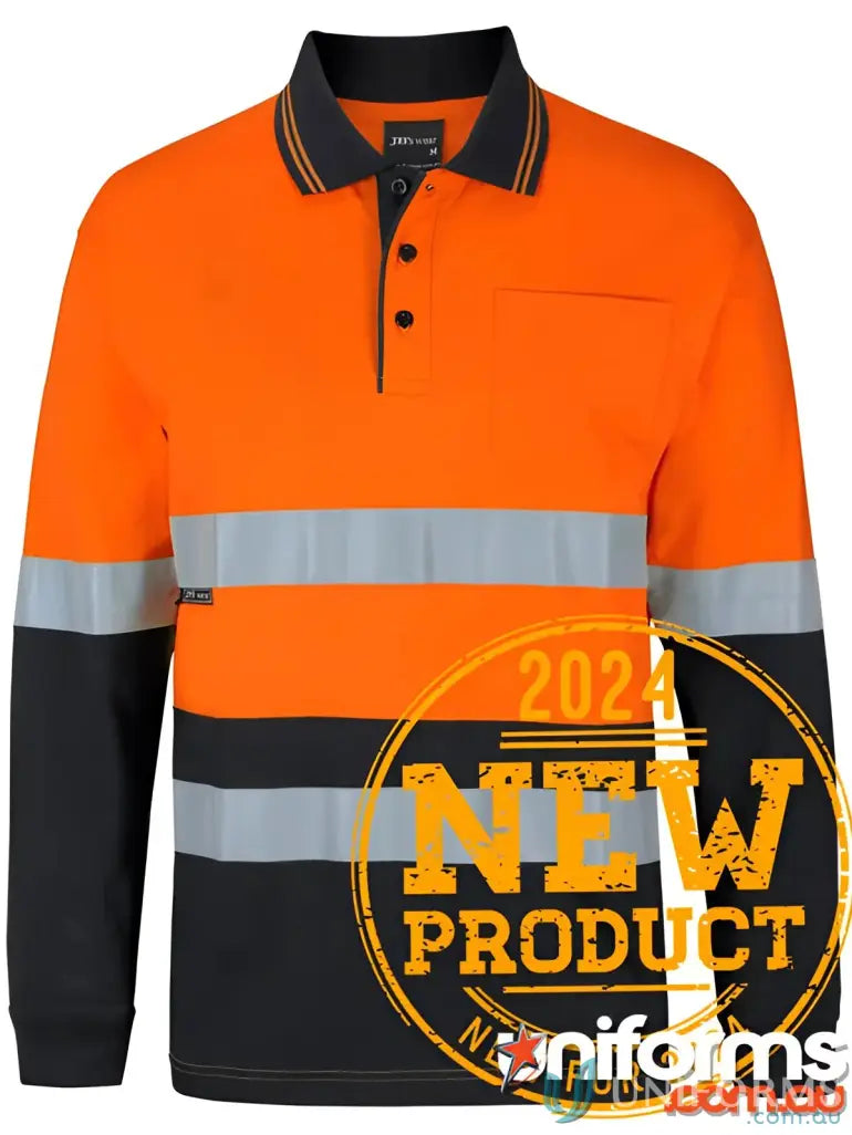 Orange and black long-sleeved hi-vis polo shirt for work uniforms and sizing info