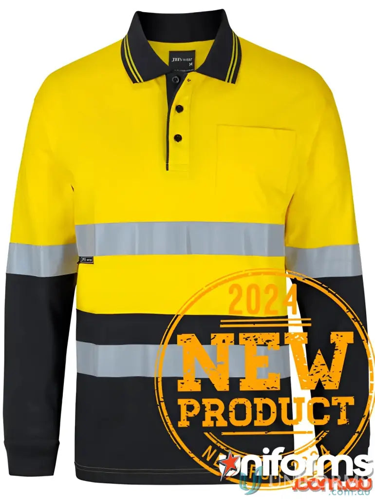 Yellow and black hi-vis long-sleeved polo shirt for work uniforms and sizing specs