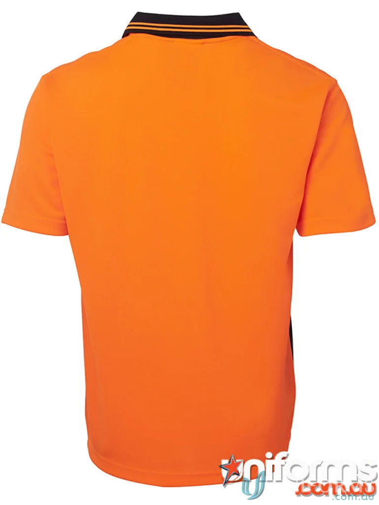Orange JB’s Hi Vis S/S Non Button Polo shirt with black collar and stripes for workwear