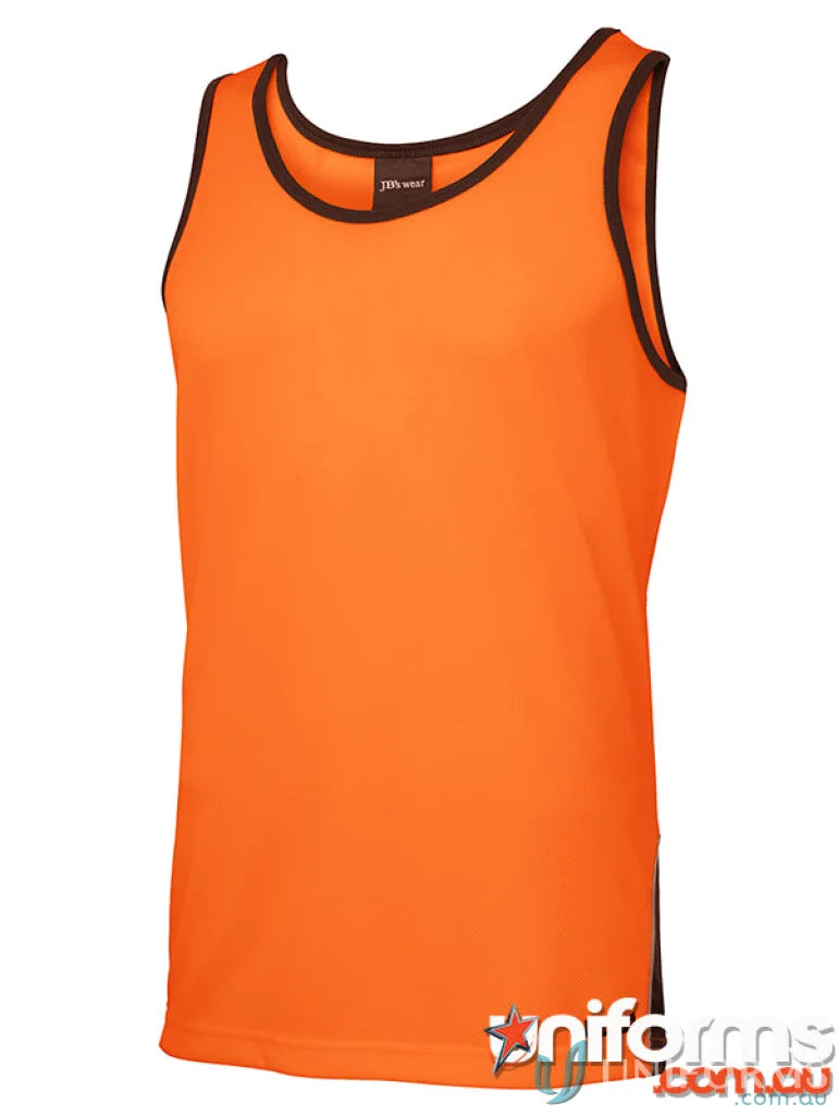 Orange tank top with black trim from JBs HiVis Contrast Singlet, moisture-wicking work uniforms