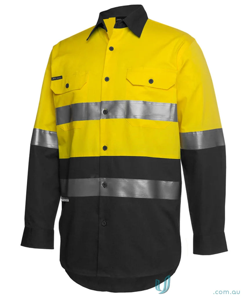 Yellow and black high-visibility work shirt with reflective tape for Australian safety standards