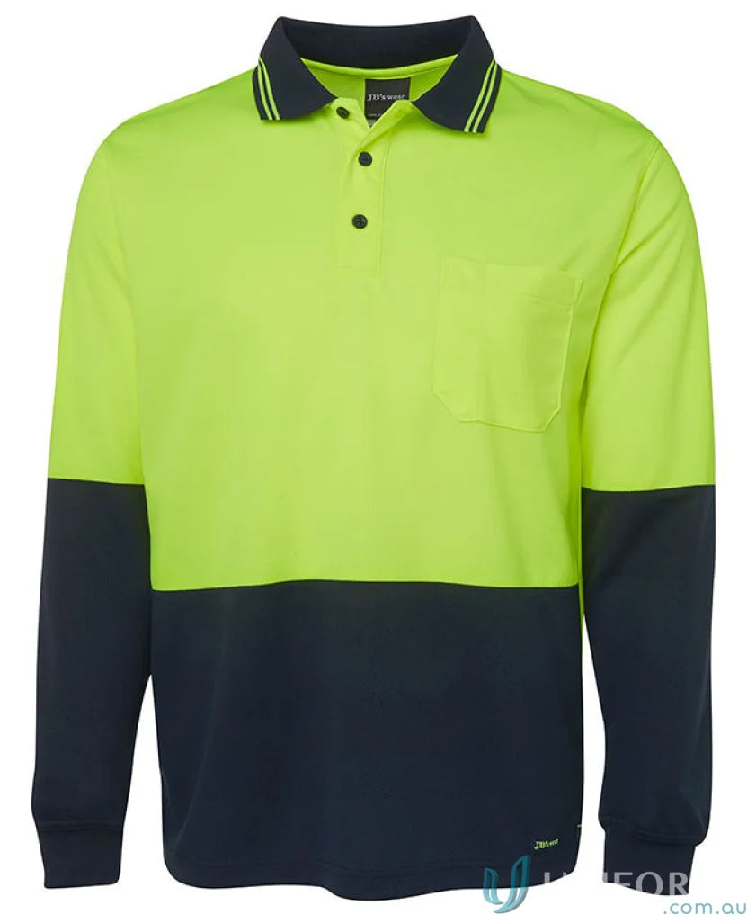 Long-sleeved lime navy or orange navy hi-vis polo shirt for uniforms - JBs HiVis LS